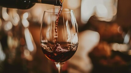 Pouring red wine into the glass against a rustic background. Pour alcohol, winery concept.