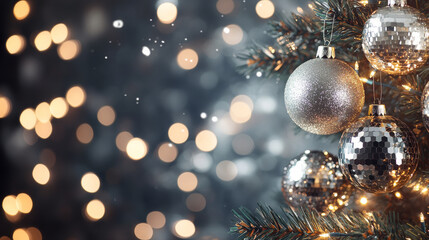 A sparkly Christmas tree with silver disco balls and lights, set against a blurry background with room for text.