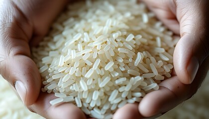 Wall Mural - Delicate close-up of Thai jasmine rice held gently against a white backdrop