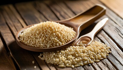 Elegant display of brown rice in a bamboo colander with a wooden spoon, set against a rustic wooden background, illuminated by soft backlighting