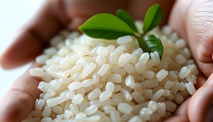 Delicate close-up of Thai jasmine rice held gently against a white backdrop