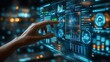 © TranNgoc - A close-up view of a hand interacting with a floating holographic interface, filled with business metrics, charts, and data streams, surrounded by neon blue and green lights,