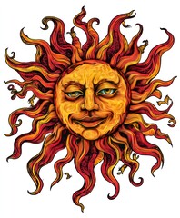 Wall Mural - A stylized sun with a face, featuring vibrant colors and swirling rays.