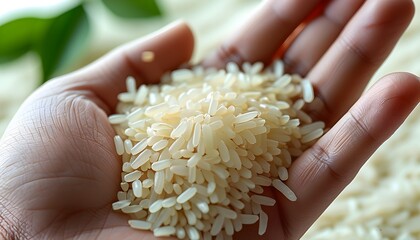 Wall Mural - Delicate close-up of Thai jasmine rice held gently against a white backdrop