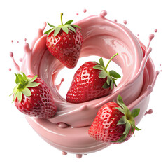 Wall Mural - Pink Milk splash Twist shape with strawberries ,3d Rendering Isolated on White background, Clipping path