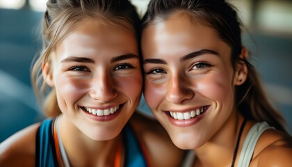 Wall Mural - Triumphant female athletes celebrating together with linked heads and radiant smiles