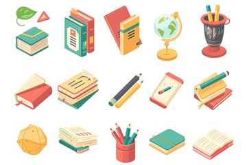 A set of educational and back-to-school icons like books and pencils arranged on a pure white background