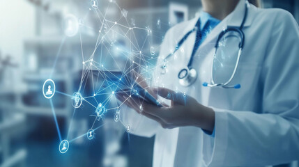 
Medical technology concept focusing on the diagnosis and treatment of medical conditions. A doctor interacts with a stethoscope and touch icons, while medical technology analyzes data on a network.