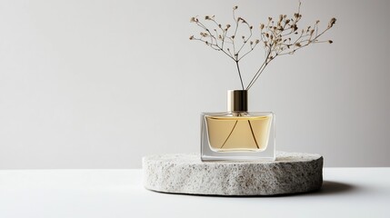Poster - elegant glass perfume bottle with delicate flowers arranged on a textured surface in soft natural li