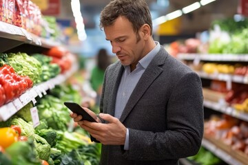 Businessman Using Smartphone, Navigating Grocery Shopping in a Fresh Produce Supermarket Aisle.