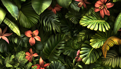 A lush jungle scene with vibrant green leaves and exotic flowers, bringing the warmth of the tropics to your screen