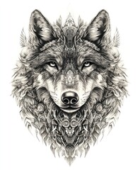  A detailed illustration of a wolf's head with intricate patterns and textures.