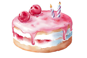 Wall Mural - Birthday cake with red berries and candles watercolor illustration isolated on white background