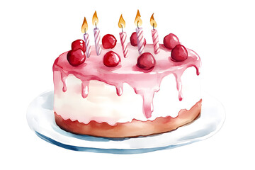 Wall Mural - Birthday cake with red berries and candles watercolor illustration isolated on white background