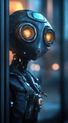 Poster - A robot with yellow eyes stands in front of a window. The robot is wearing a black suit and has a metal face. The image has a futuristic and industrial feel to it