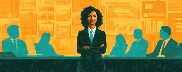 Poster - A woman stands in front of a group of people in suits