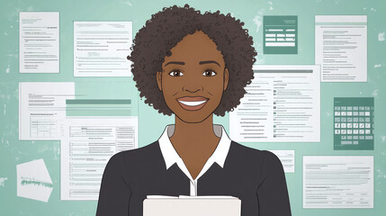 Poster - A woman is smiling and holding a stack of papers. The papers are scattered all over the image, with some on the left, some on the right, and some in the middle
