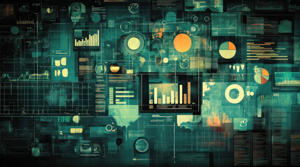 Poster - A computer screen with many different graphs and numbers. Concept of complexity and information overload