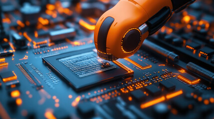 Poster - A robot is poking at a computer chip. The robot is on a circuit board