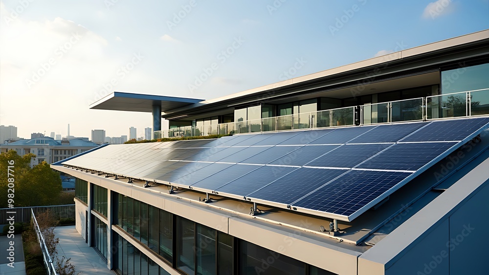Solar panels integrated into the design of a modern building highlight ...