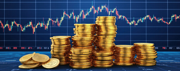 Poster - A pile of gold coins sits on a blue background with a graph showing the value of gold. The coins are stacked on top of each other, creating a sense of wealth and prosperity
