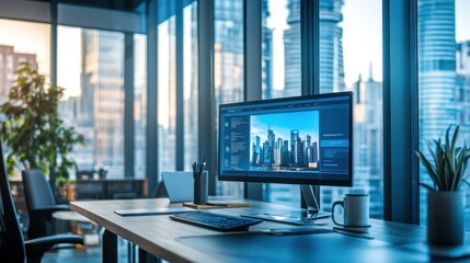 Poster - A modern office workspace with a computer displaying a city skyline at sunset.