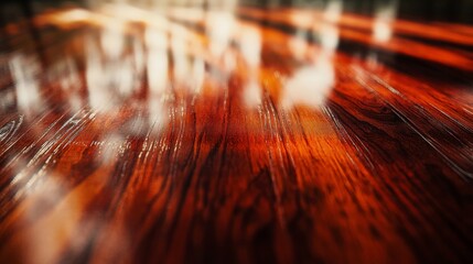 Abstract close-up of polished wooden floor with rich, warm tones and glossy finish, highlighting texture and grain in a blurred effect.