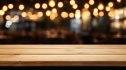 A warm and inviting wooden table surface with a blurred background of glowing lights, perfect for cozy gatherings and dining.