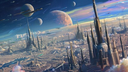 Sticker - Futuristic Cityscape with Flying Ships