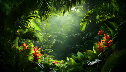 A lush jungle scene with vibrant green leaves and exotic flowers, bringing the warmth of the tropics to your screen