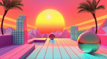 90s retro aesthetic with vibrant colors, geometric shapes, minimalist, copy space, vector illustration style