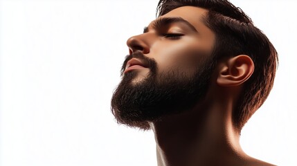 A young man with a beard poses confidently against a bright background, showcasing a serene expression and strong profile features