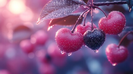 Wall Mural - Heart-shaped fruits glistening with dew in soft, colorful light.