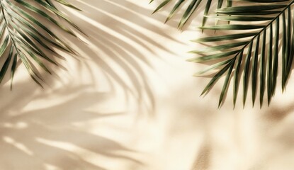 Poster - Tropical palm leaves casting shadows on a beige sand background