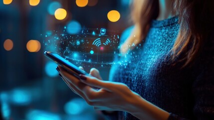 Poster - A person interacting with a smartphone displaying digital connectivity icons.