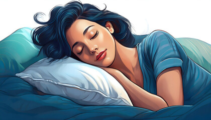 Wall Mural -  A peaceful illustration of a woman sleeping on a soft, comfortable pillow, with serene faci_1(70)