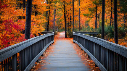 Wall Mural - In late autumn, Michigan upper peninsula boardwalks are lined with colorful autumn trees