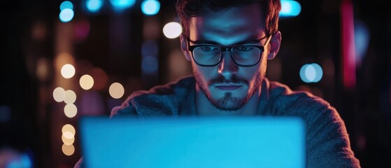 Poster - A focused individual working on a laptop in a dimly lit environment with colorful lights.