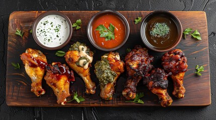 Wall Mural - A vibrant platter of chicken wings with various sauces