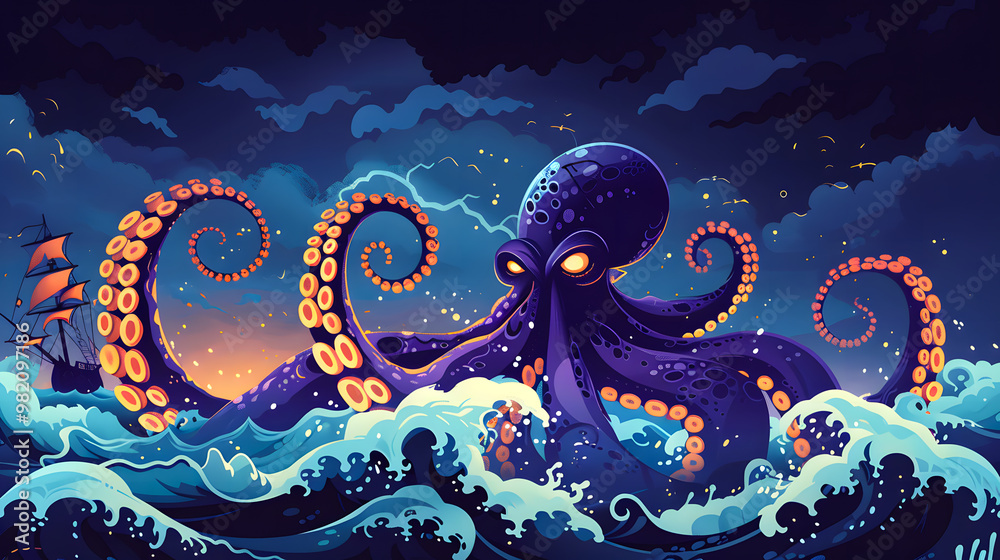 A cartoon illustration of a battle between a giant octopus and a pirate ...