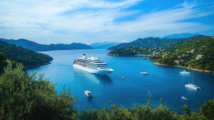 Wall Mural - A beautiful white cruise ship moored in a calm bay, with small boats and pristine coastline in the distance