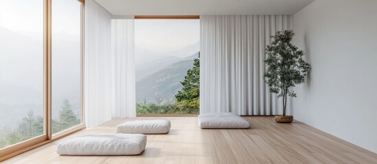 Minimalist white room interior featuring wooden flooring large wall decor with landscapes visible through windows Nordic design aesthetic 3D rendering of a serene living space