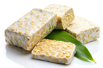 Wall Mural - Tempe, Fermented soybeans. The traditional food made by fermentation soybeans. Fresh Tempeh Ready. Isolated on white background