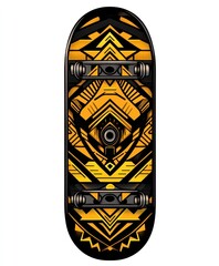 Wall Mural - A skateboard deck featuring a vibrant geometric design in orange and black.