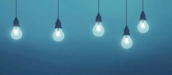 Row of hanging lightbulbs with one illuminated against a blue backdrop Concept of inspiration discovery ideas and insights Flat design illustration