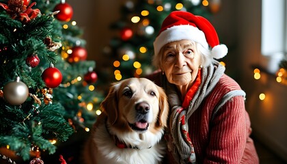 Holiday cheer with an elderly woman and her adorable dog in Santa hats beside a beautifully adorned Christmas tree