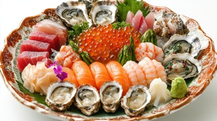 A colorful Japanese sashimi platter showcasing fresh oysters, shrimp, sea urchin, and salmon, garnished with scallops and asparagus on a traditional plate.