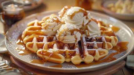 Wall Mural - Waffle topped with ice cream and caramel drizzle