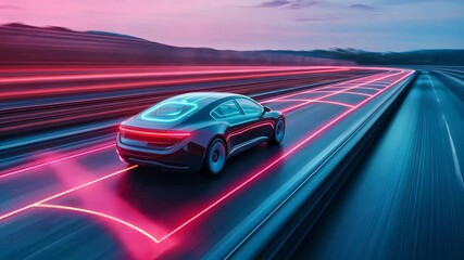 Wall Mural - Futuristic car speeding on a neon-lit highway