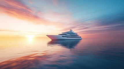 A luxurious white cruise ship sailing smoothly through calm ocean waters at sunrise, with the first light reflecting off the waves